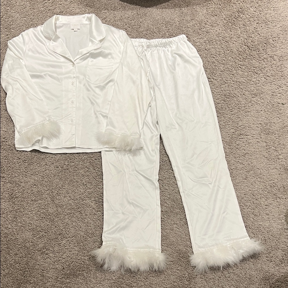 Elegant White Feather Trim Pajama Set